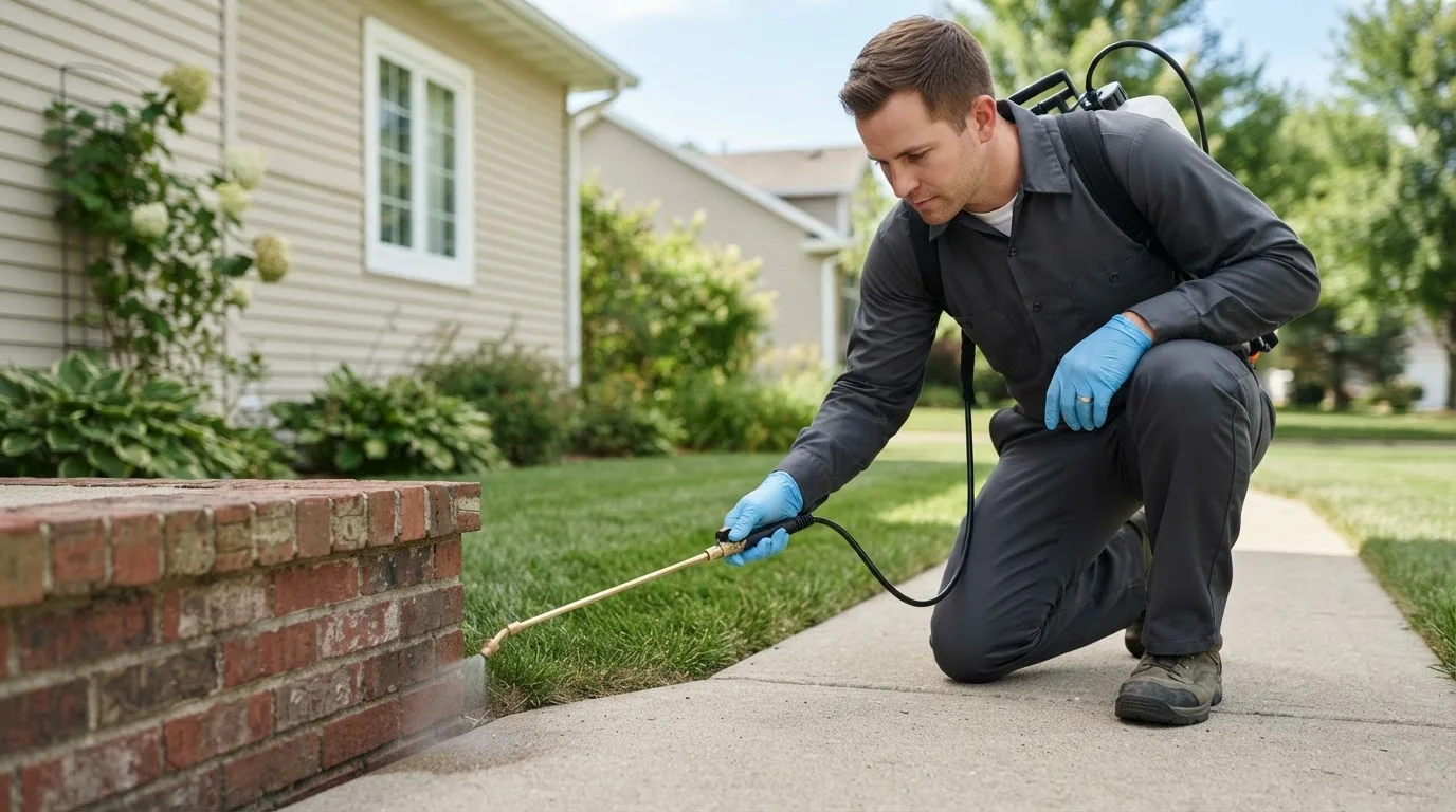 Pest control technician treating a home near Maxwell, IN